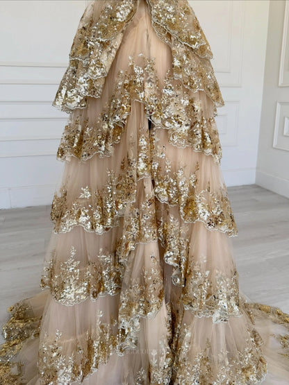 Gold Off-Shoulder Sequin Prom Dress with Lace Corset and Tiered Ball Gown Skirt - P26024