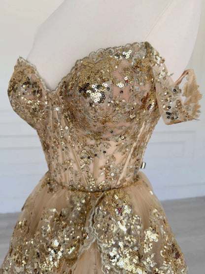 Gold Off-Shoulder Sequin Prom Dress with Lace Corset and Tiered Ball Gown Skirt - P26024