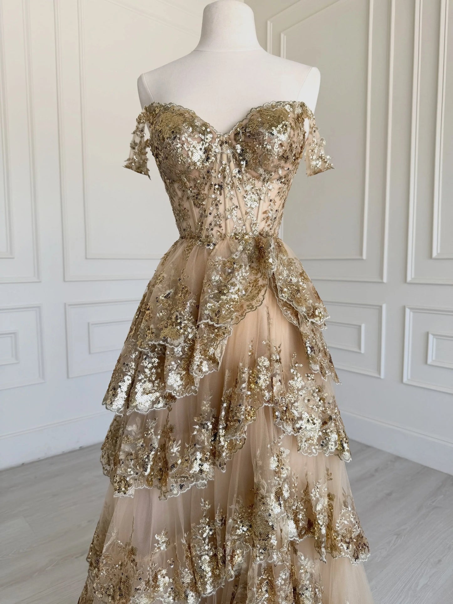 Gold Off-Shoulder Sequin Prom Dress with Lace Corset and Tiered Ball Gown Skirt - P26024