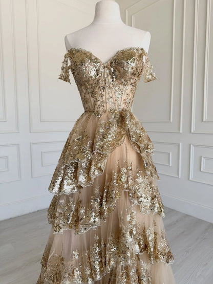 Gold Off-Shoulder Sequin Prom Dress with Lace Corset and Tiered Ball Gown Skirt - P26024