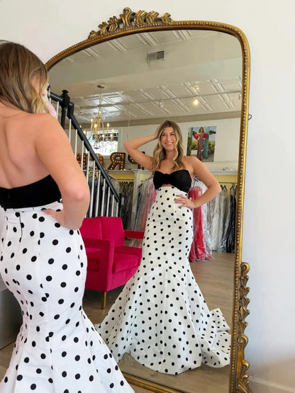 Black and White Polka Dot Mermaid Prom Dress with Ruched Rosette Bodice - P26025