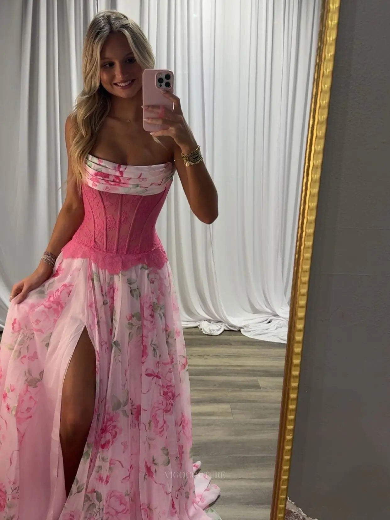 Pink Floral Organza Prom Dress with Strapless Lace Corset and Thigh-High Slit - P26026