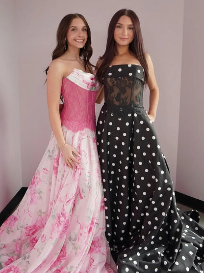 Pink Floral Organza Prom Dress with Strapless Lace Corset and Thigh-High Slit - P26026