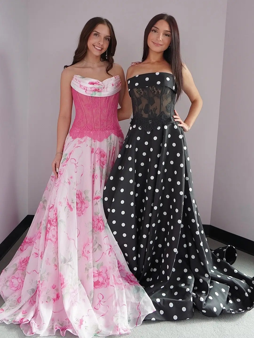 Pink Floral Organza Prom Dress with Strapless Lace Corset and Thigh-High Slit - P26026
