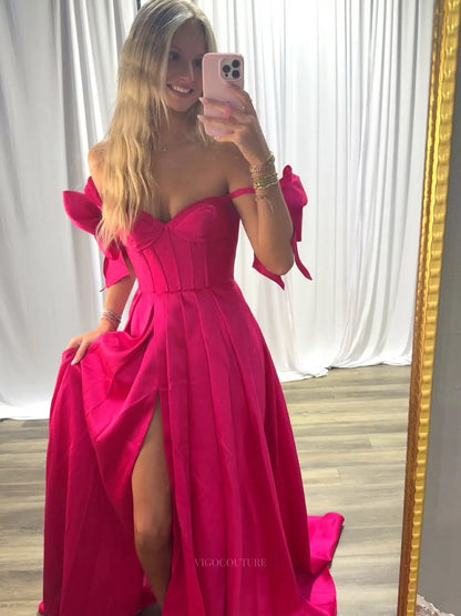 Hot Pink Satin A-Line Prom Dress with Sweetheart Corset, Bow Sleeves and High Slit - P26027