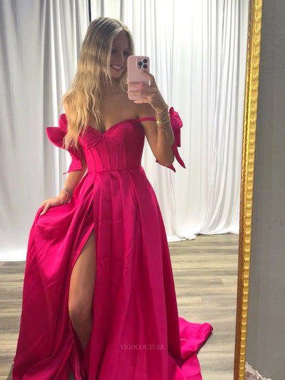 Hot Pink Satin A-Line Prom Dress with Sweetheart Corset, Bow Sleeves and High Slit - P26027