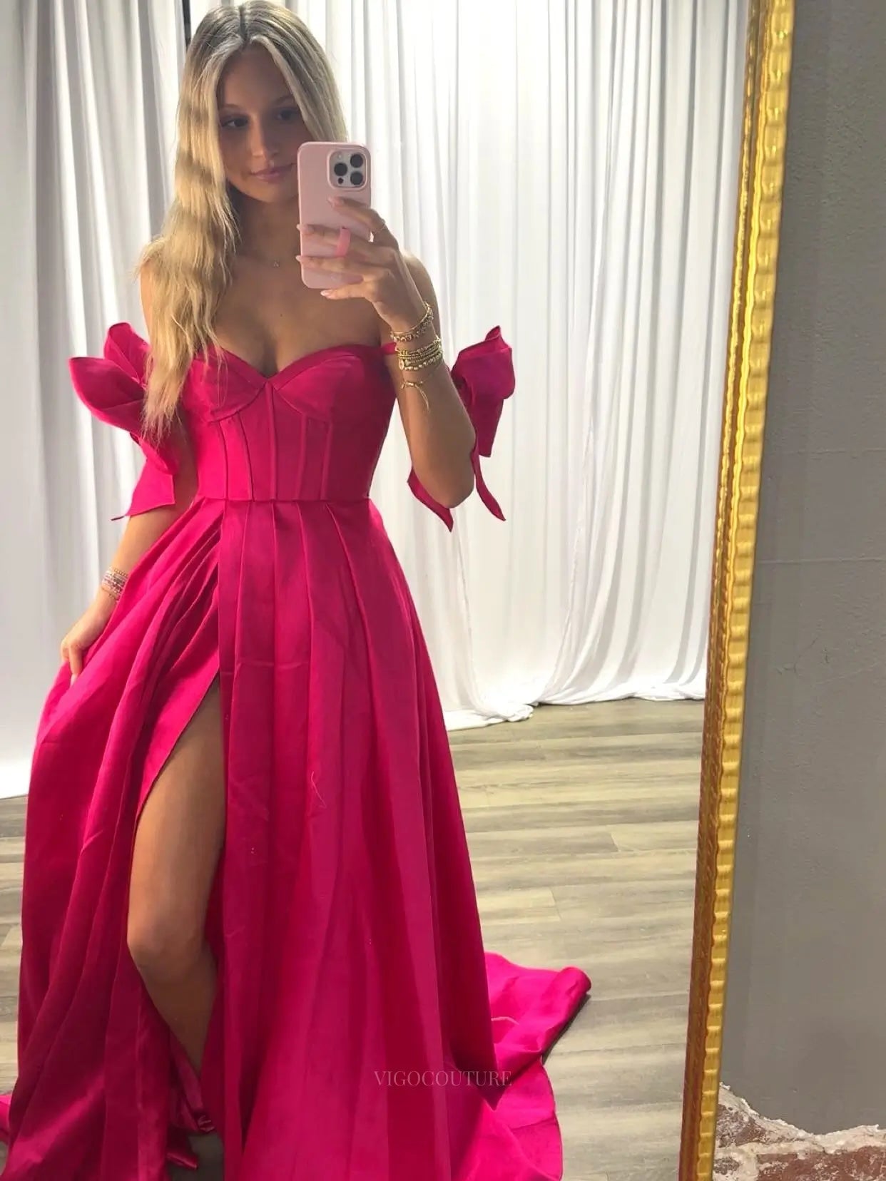 Hot Pink Satin A-Line Prom Dress with Sweetheart Corset, Bow Sleeves and High Slit - P26027