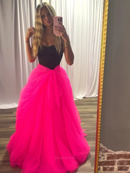 Hot Pink Tulle Ball Gown Prom Dress with Black Strapless Corset and Draped Waist - P26028