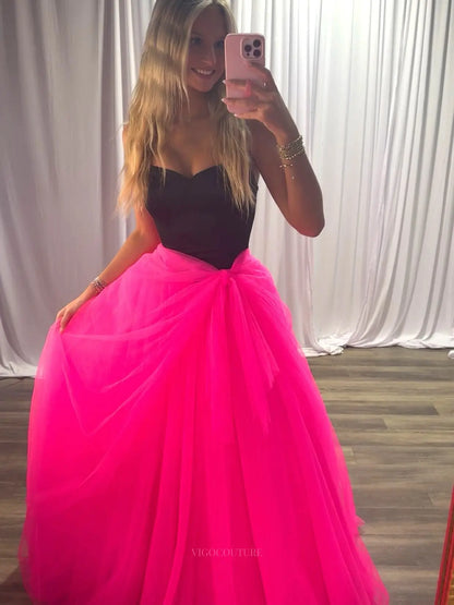 Hot Pink Tulle Ball Gown Prom Dress with Black Strapless Corset and Draped Waist - P26028