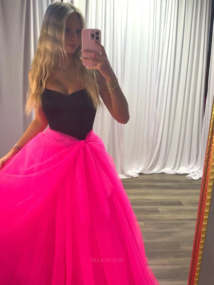Hot Pink Tulle Ball Gown Prom Dress with Black Strapless Corset and Draped Waist - P26028
