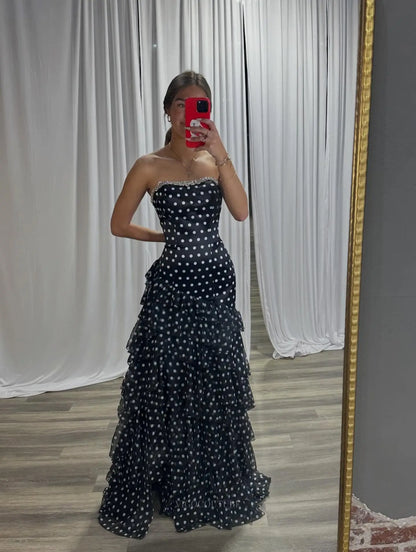 Black Polka Dot Mermaid Prom Dress with Rhinestone Neckline, High Slit and Tiered Ruffles - P26029