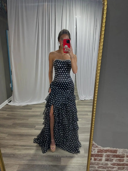 Black Polka Dot Mermaid Prom Dress with Rhinestone Neckline, High Slit and Tiered Ruffles - P26029
