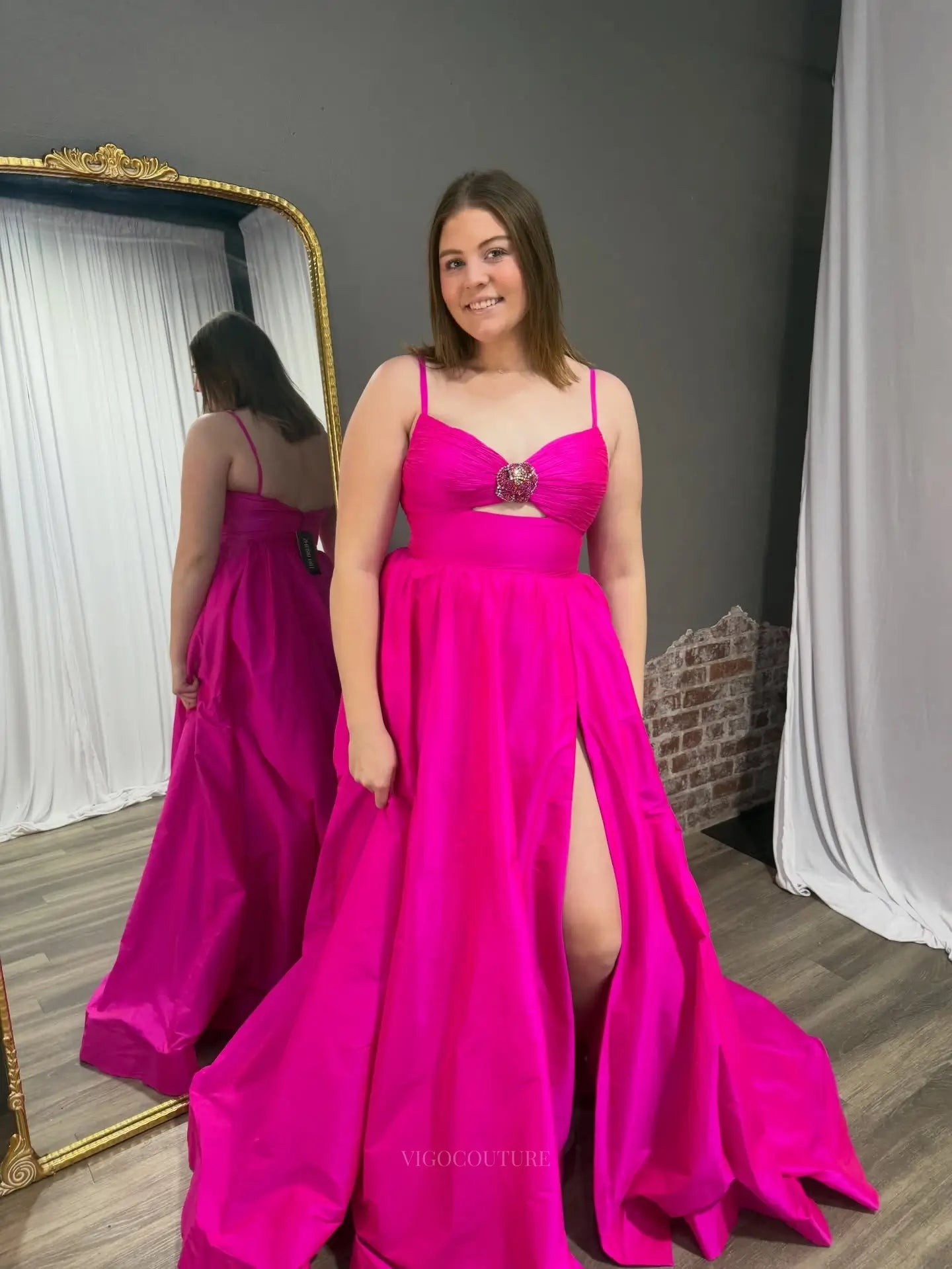 Hot Pink Satin A-Line Prom Dress with Crystal Brooch, Keyhole Bodice and High Slit - P26030