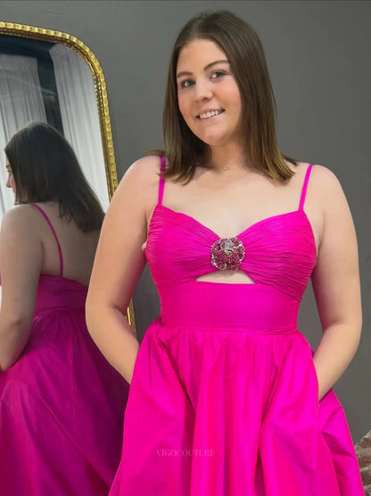 Hot Pink Satin A-Line Prom Dress with Crystal Brooch, Keyhole Bodice and High Slit - P26030