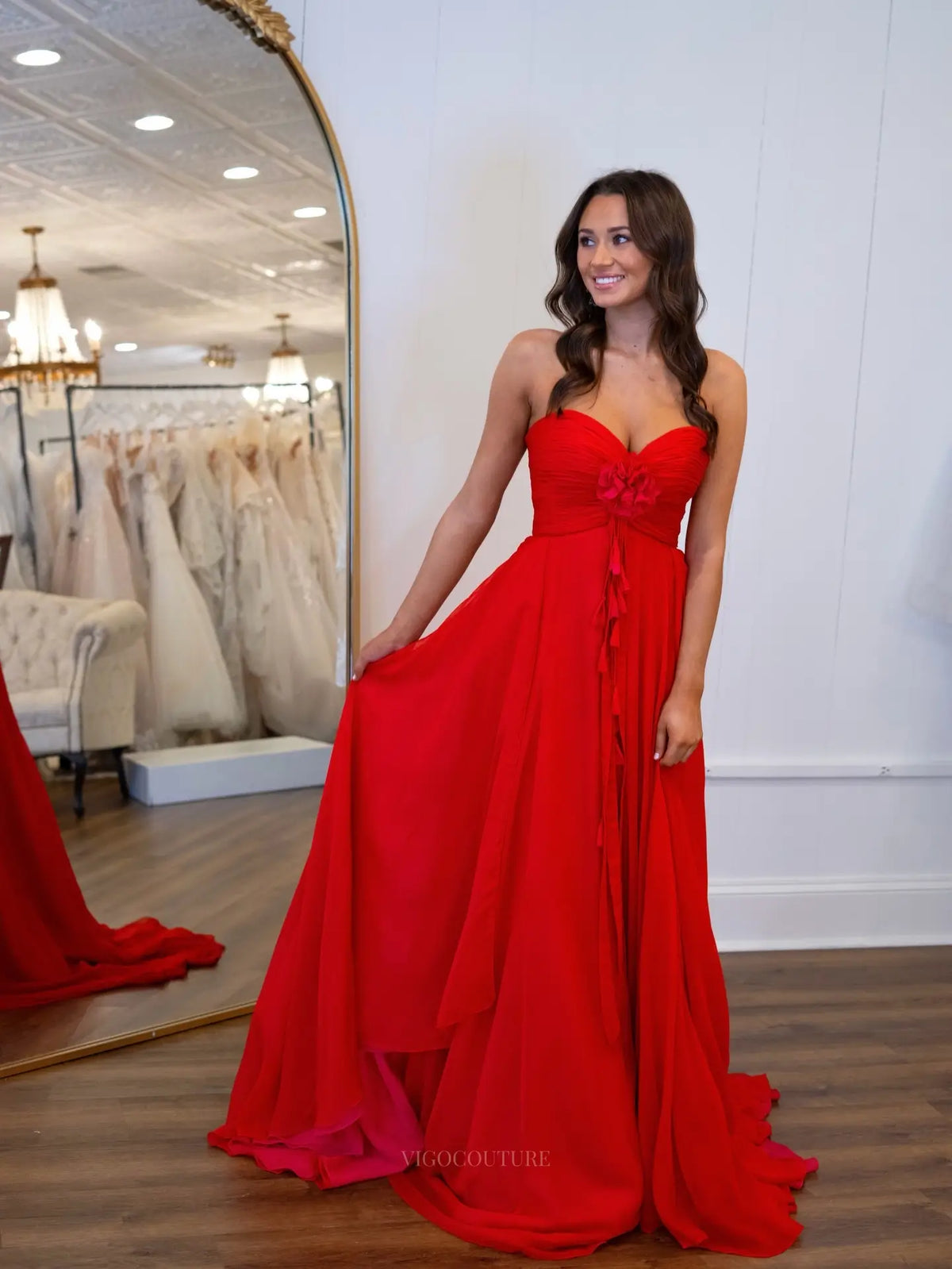 Red Chiffon A-Line Prom Dress with Strapless Ruched Bodice and 3D Floral Ruffle - P26033