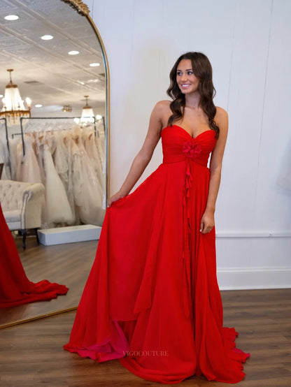 Red Chiffon A-Line Prom Dress with Strapless Ruched Bodice and 3D Floral Ruffle - P26033