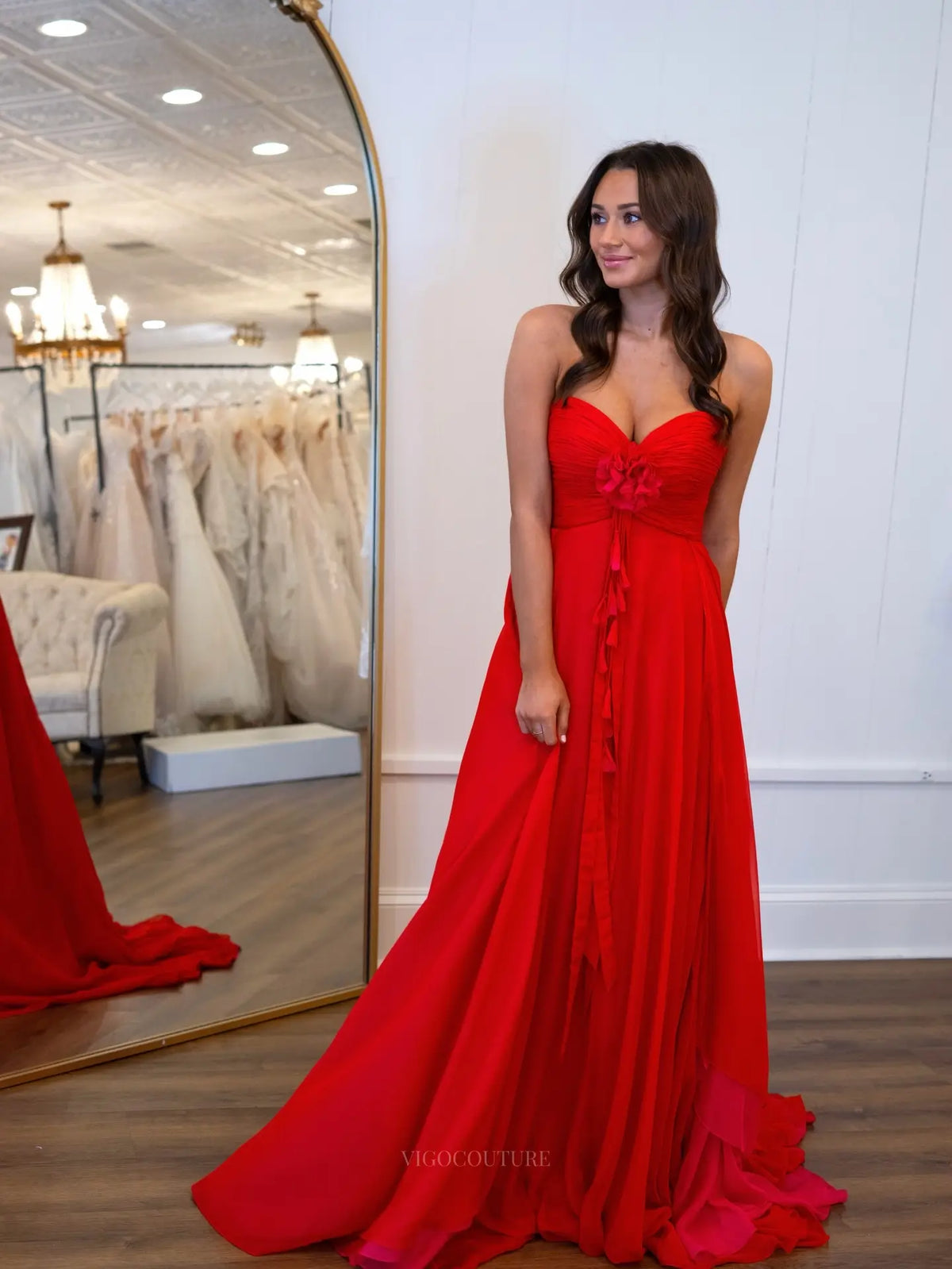 Red Chiffon A-Line Prom Dress with Strapless Ruched Bodice and 3D Floral Ruffle - P26033