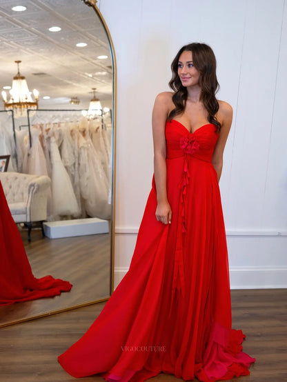 Red Chiffon A-Line Prom Dress with Strapless Ruched Bodice and 3D Floral Ruffle - P26033