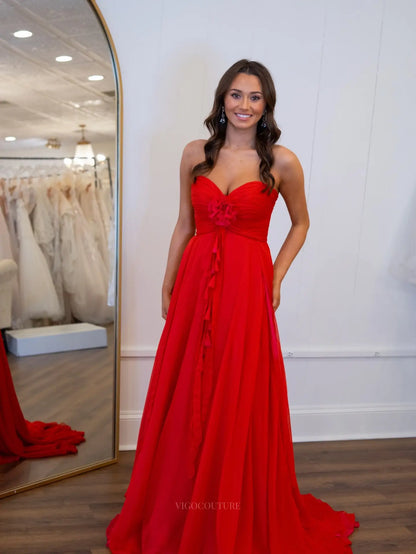Red Chiffon A-Line Prom Dress with Strapless Ruched Bodice and 3D Floral Ruffle - P26033