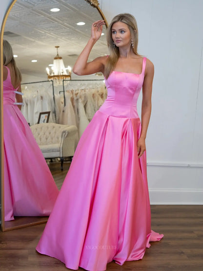 Pink Satin Ball Gown Prom Dress with Square Neckline and Dropped-Waist Bodice - P26034