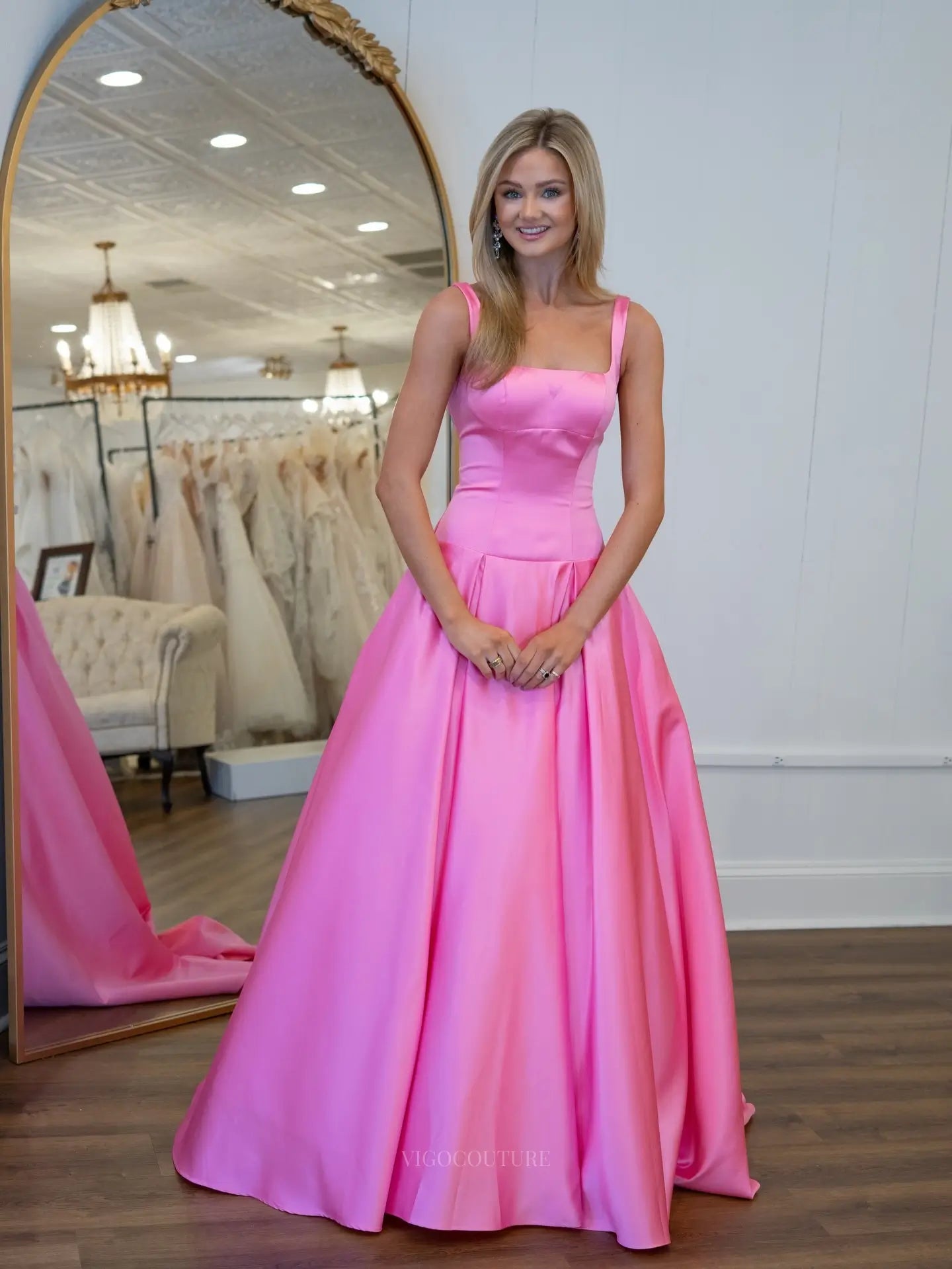 Pink Satin Ball Gown Prom Dress with Square Neckline and Dropped-Waist Bodice - P26034