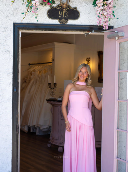 Light Pink Chiffon A-Line Prom Dress with Strapless Fold-Over Bodice and Neck Scarf - P26035