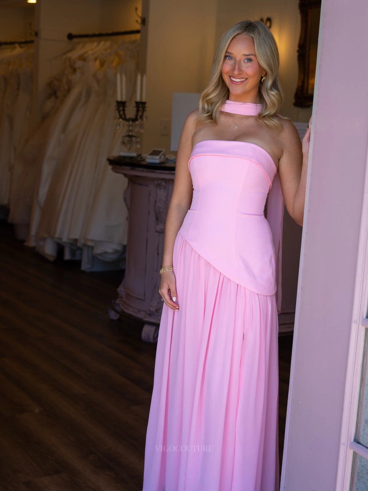 Light Pink Chiffon A-Line Prom Dress with Strapless Fold-Over Bodice and Neck Scarf - P26035