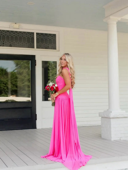 Hot Pink Jersey A-Line Prom Dress with Ruched Sweetheart Bodice, Drop Waist and Neck Scarf - P26036