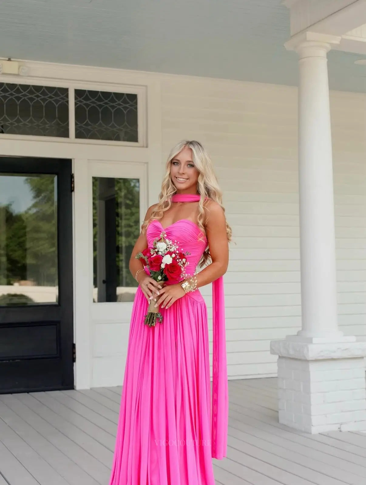 Hot Pink Jersey A-Line Prom Dress with Ruched Sweetheart Bodice, Drop Waist and Neck Scarf - P26036