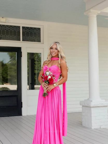 Hot Pink Jersey A-Line Prom Dress with Ruched Sweetheart Bodice, Drop Waist and Neck Scarf - P26036