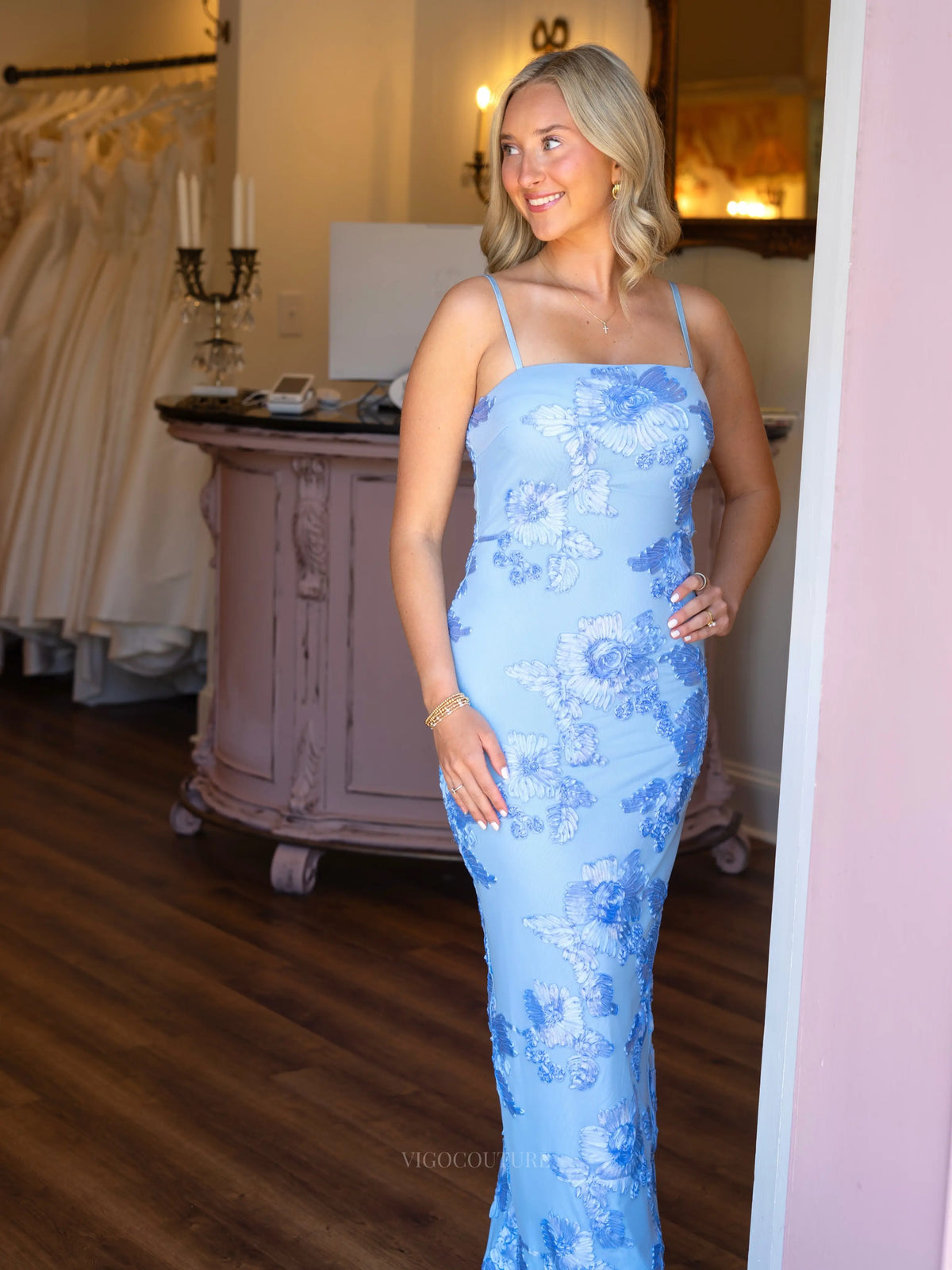 Light Blue Floral Applique Mermaid Prom Dress with Square Neckline and Spaghetti Straps - P26037