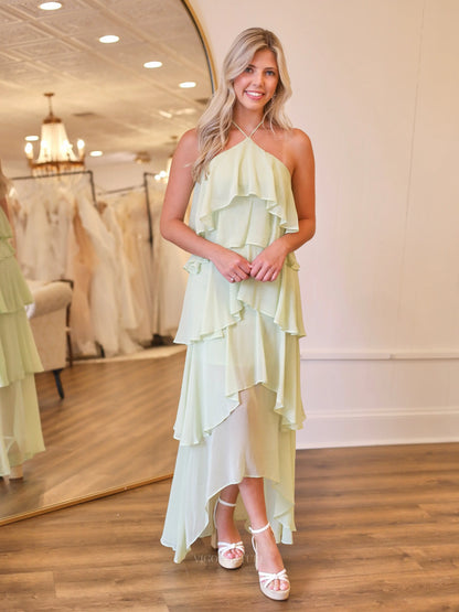 Sage Green Chiffon High-Low Prom Dress with Halter Neckline and Tiered Ruffles - P26038