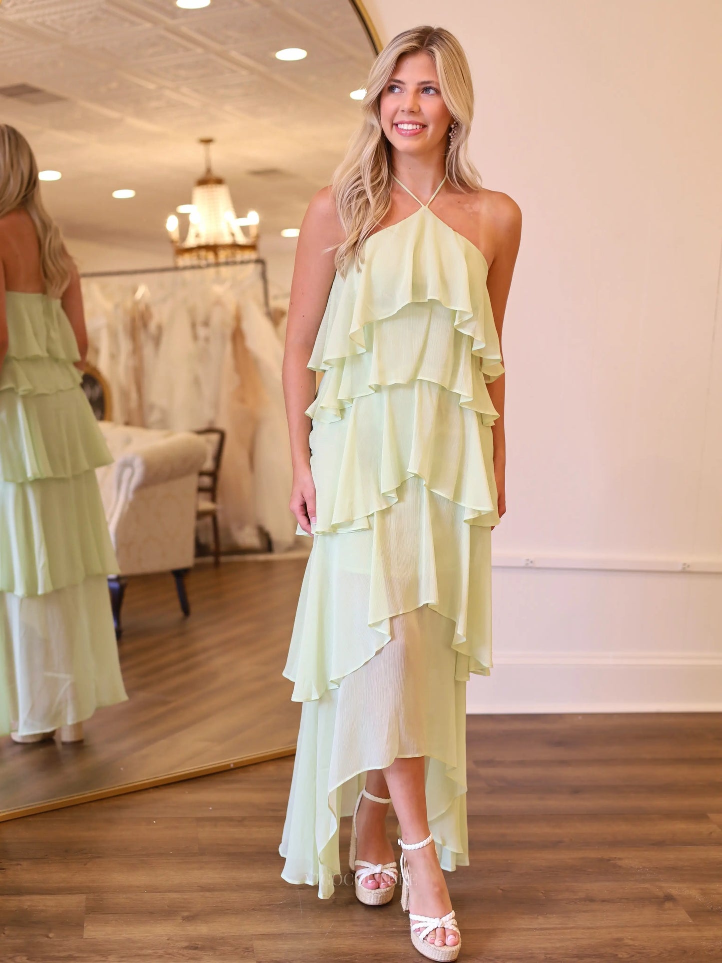 Sage Green Chiffon High-Low Prom Dress with Halter Neckline and Tiered Ruffles - P26038
