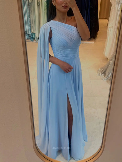 Light Pink Chiffon A-Line Prom Dress with Ruched One-Shoulder Bodice, Cape Sleeve and High Slit - P26039