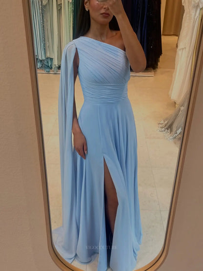Light Pink Chiffon A-Line Prom Dress with Ruched One-Shoulder Bodice, Cape Sleeve and High Slit - P26039