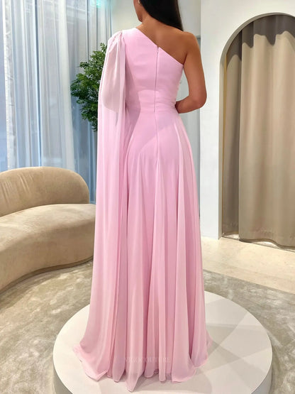 Light Pink Chiffon A-Line Prom Dress with Ruched One-Shoulder Bodice, Cape Sleeve and High Slit - P26039