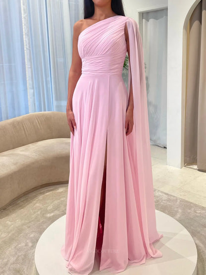 Light Pink Chiffon A-Line Prom Dress with Ruched One-Shoulder Bodice, Cape Sleeve and High Slit - P26039