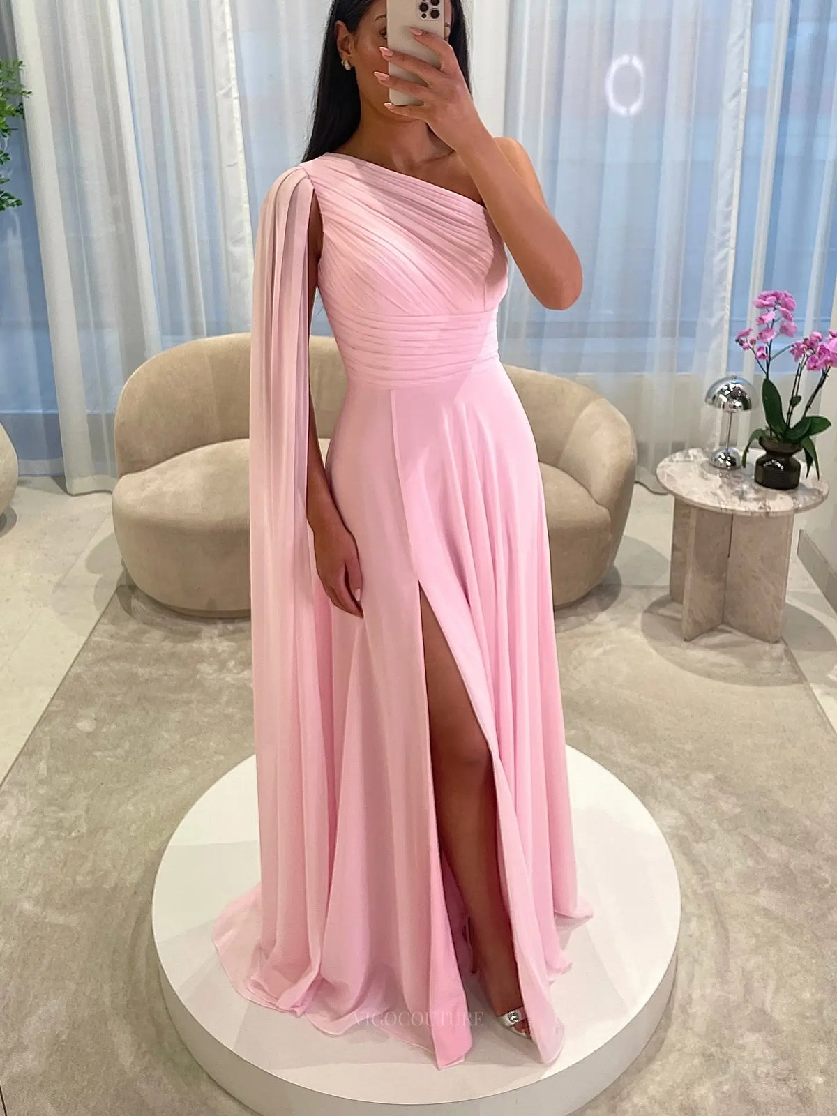 Light Pink Chiffon A-Line Prom Dress with Ruched One-Shoulder Bodice, Cape Sleeve and High Slit - P26039