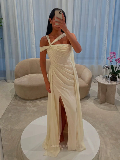 Ivory Ruched Column Prom Dress with Asymmetric Straps, Draped Cape and High Slit - P26040
