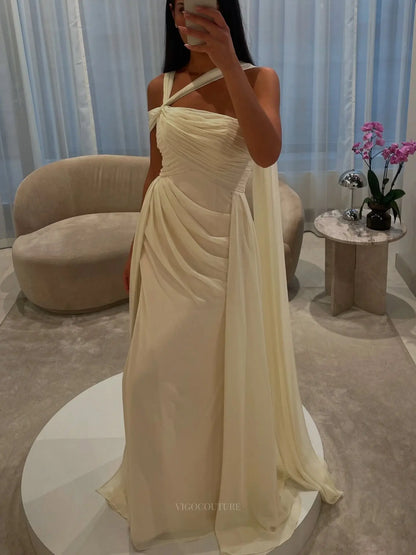 Ivory Ruched Column Prom Dress with Asymmetric Straps, Draped Cape and High Slit - P26040