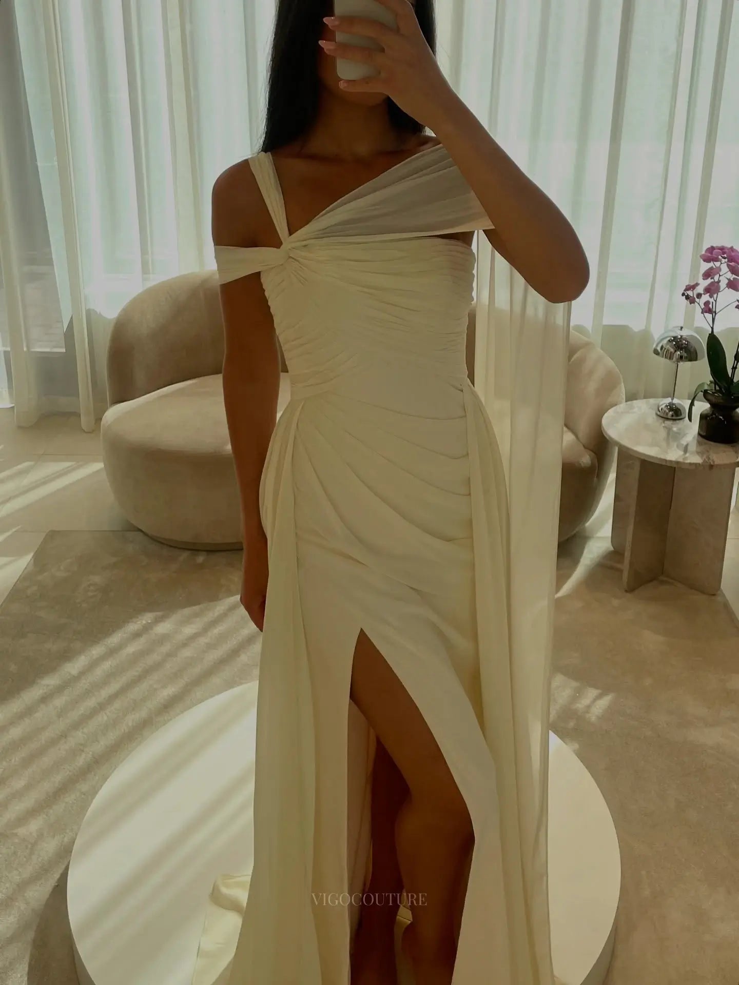Ivory Ruched Column Prom Dress with Asymmetric Straps, Draped Cape and High Slit - P26040