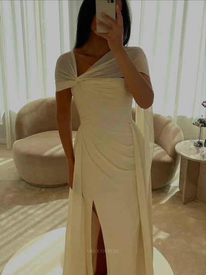Ivory Ruched Column Prom Dress with Asymmetric Straps, Draped Cape and High Slit - P26040