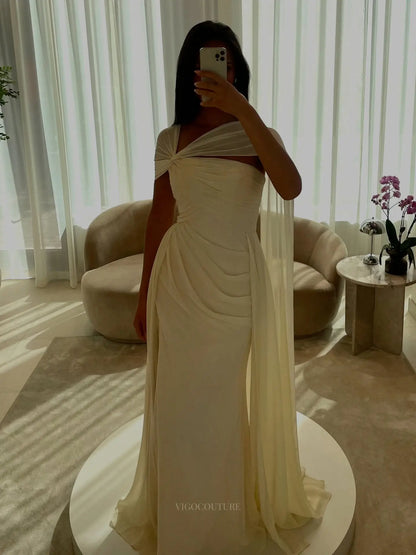 Ivory Ruched Column Prom Dress with Asymmetric Straps, Draped Cape and High Slit - P26040