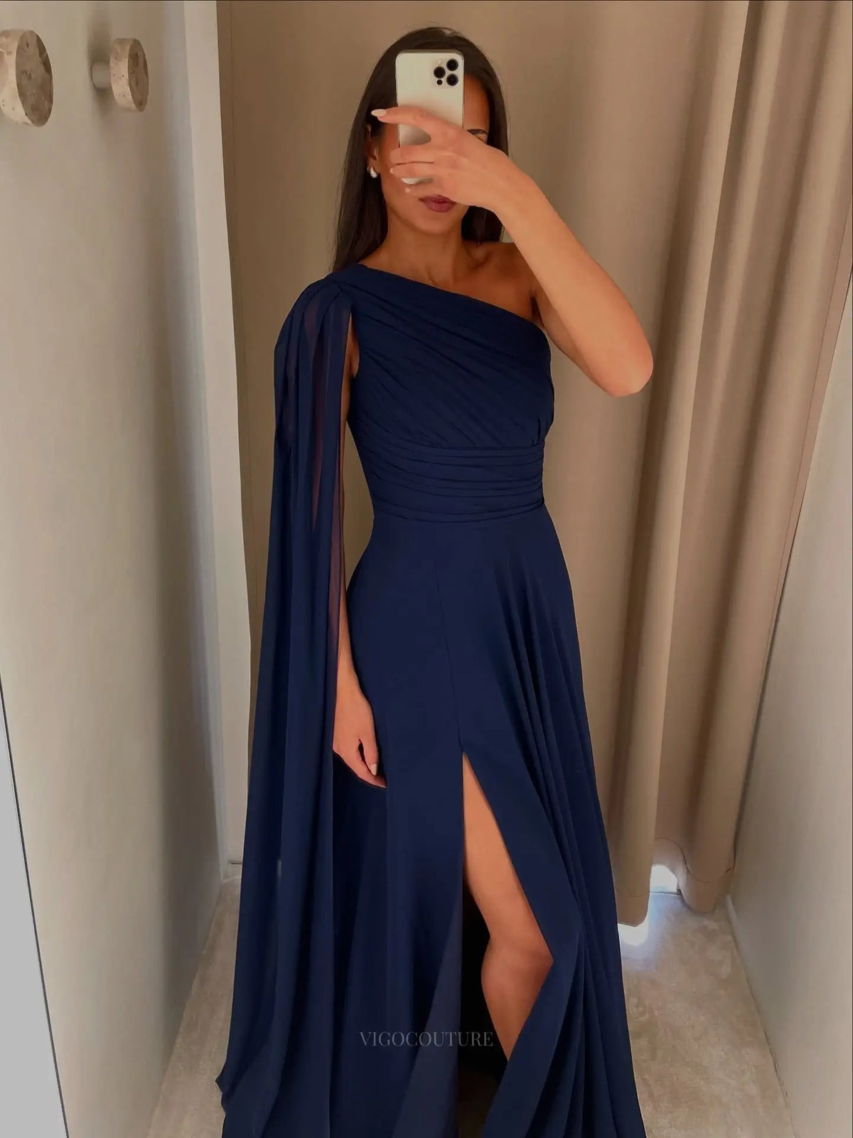 Navy Blue A-Line Prom Dress with Ruched One-Shoulder Bodice, Cape Sleeve and High Slit - P26041