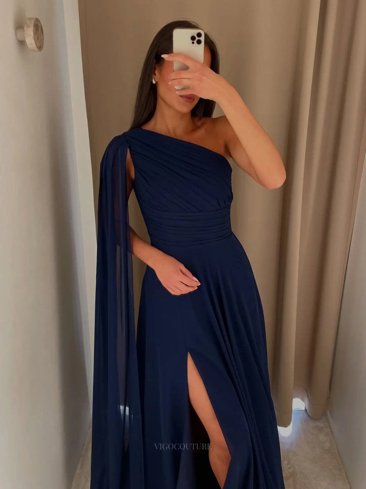 Navy Blue A-Line Prom Dress with Ruched One-Shoulder Bodice, Cape Sleeve and High Slit - P26041