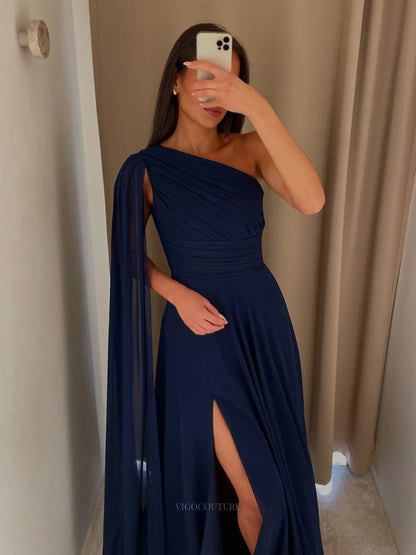 Navy Blue A-Line Prom Dress with Ruched One-Shoulder Bodice, Cape Sleeve and High Slit - P26041