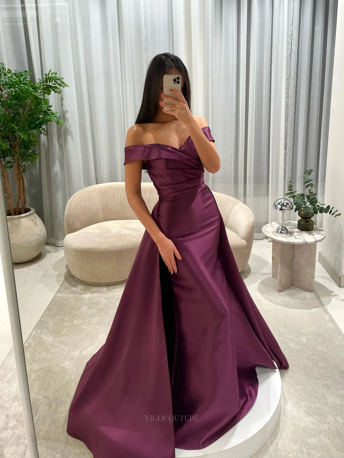 Sage Green Satin Mermaid Prom Dress with Ruched Off-Shoulder Bodice and Detachable Overskirt - P26042
