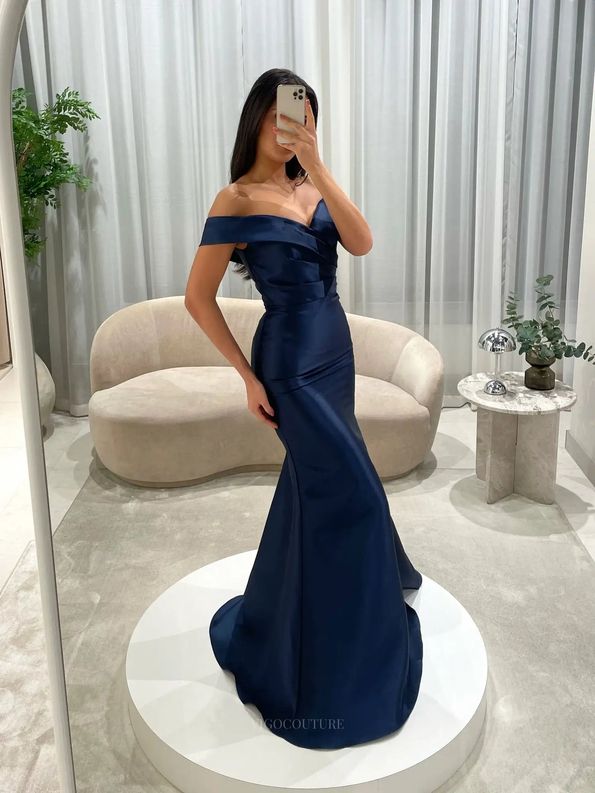 Sage Green Satin Mermaid Prom Dress with Ruched Off-Shoulder Bodice and Detachable Overskirt - P26042