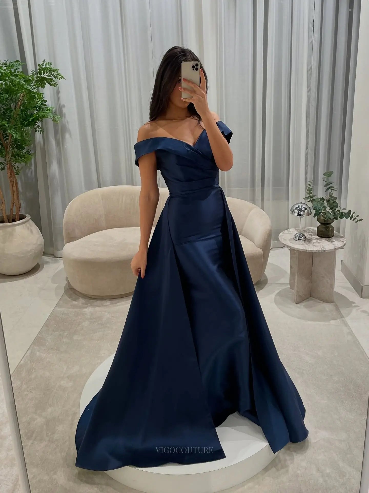 Sage Green Satin Mermaid Prom Dress with Ruched Off-Shoulder Bodice and Detachable Overskirt - P26042
