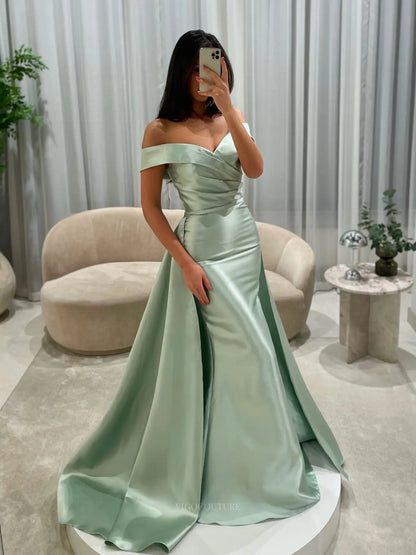 Sage Green Satin Mermaid Prom Dress with Ruched Off-Shoulder Bodice and Detachable Overskirt - P26042